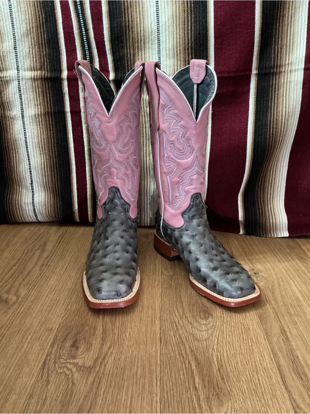 Tanner Mark Women’s Gray Ostrich Print Pink Square Toe